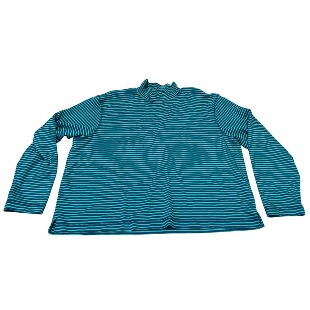 Vintage Liz Claiborne Liz & Co Women's Teal Navy Striped Mock Neck Cotton Top Lg